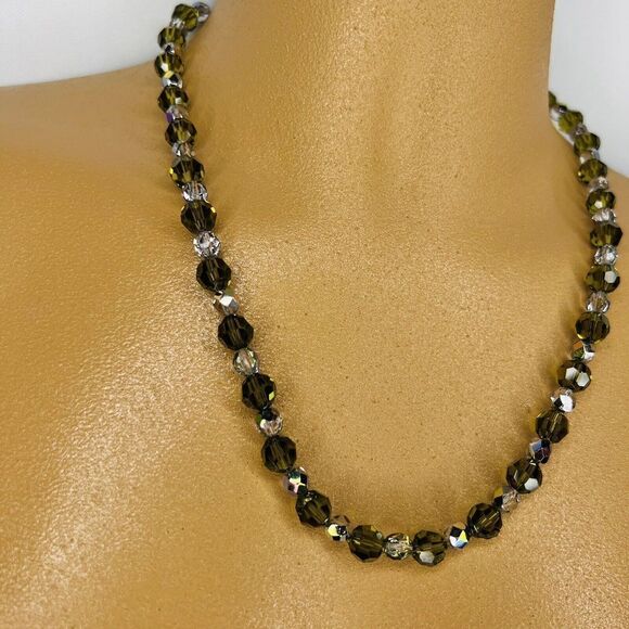 Vintage Art Glass Necklace Crystal Olive Green Clear AB Sterling Silver 4722 - Picture 3 of 13